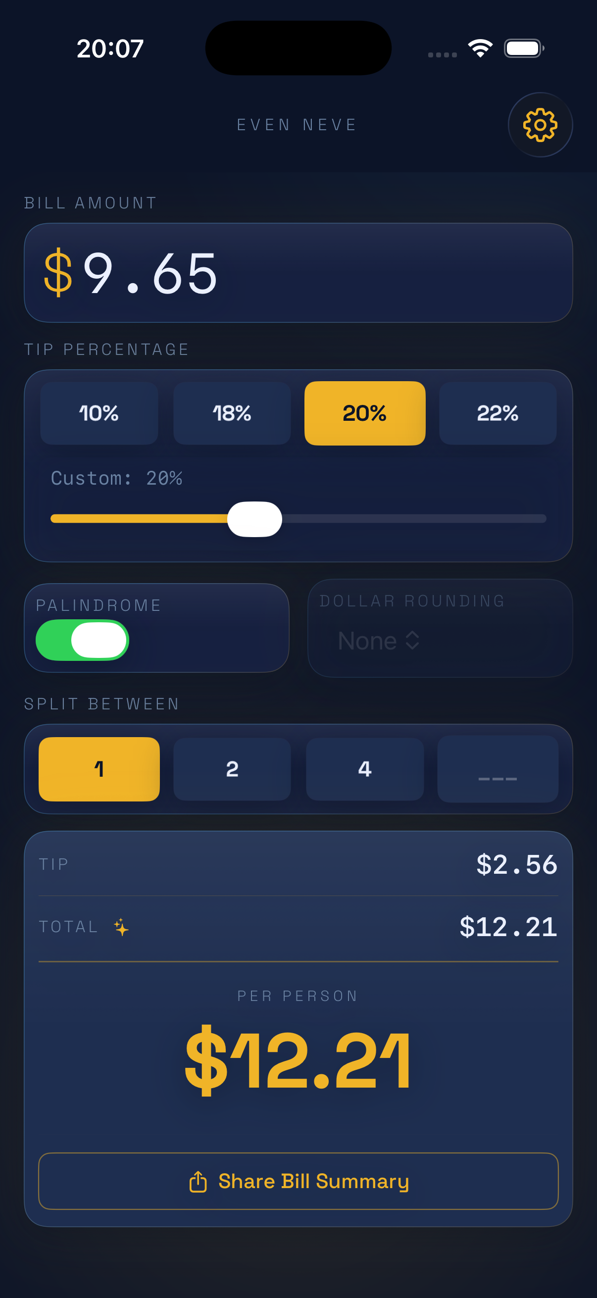 Even nevE app showing palindrome rounding with $12.21 total