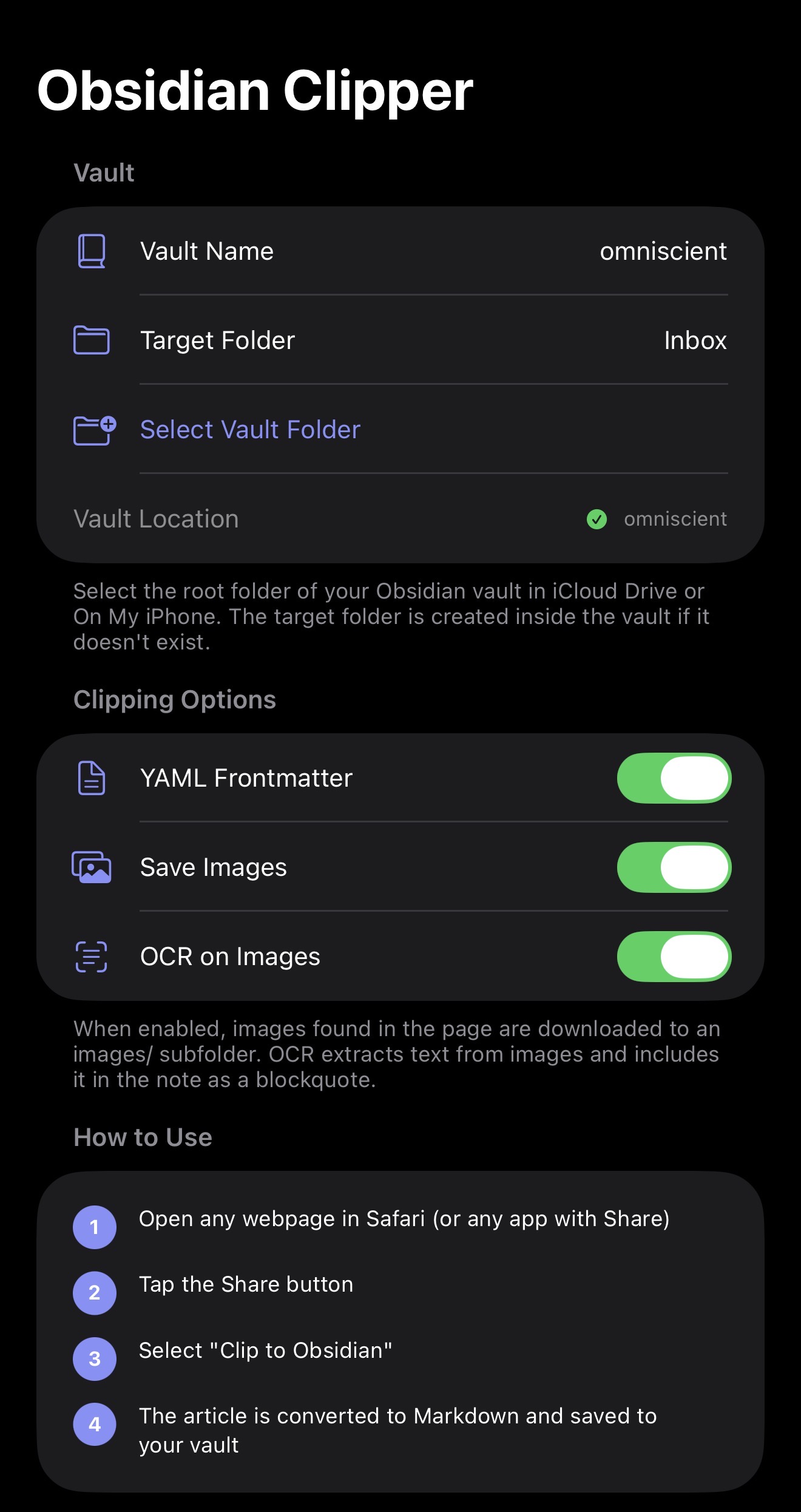 Obsidian Clipper settings in dark mode showing vault location, YAML frontmatter, save images, and OCR toggles
