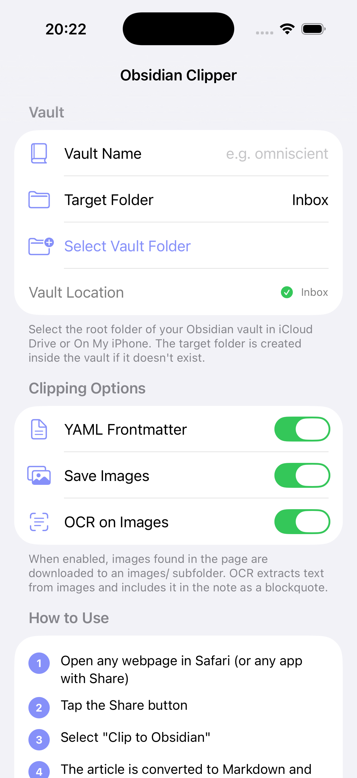 Obsidian Clipper main settings screen showing vault, clipping options, and how-to-use steps