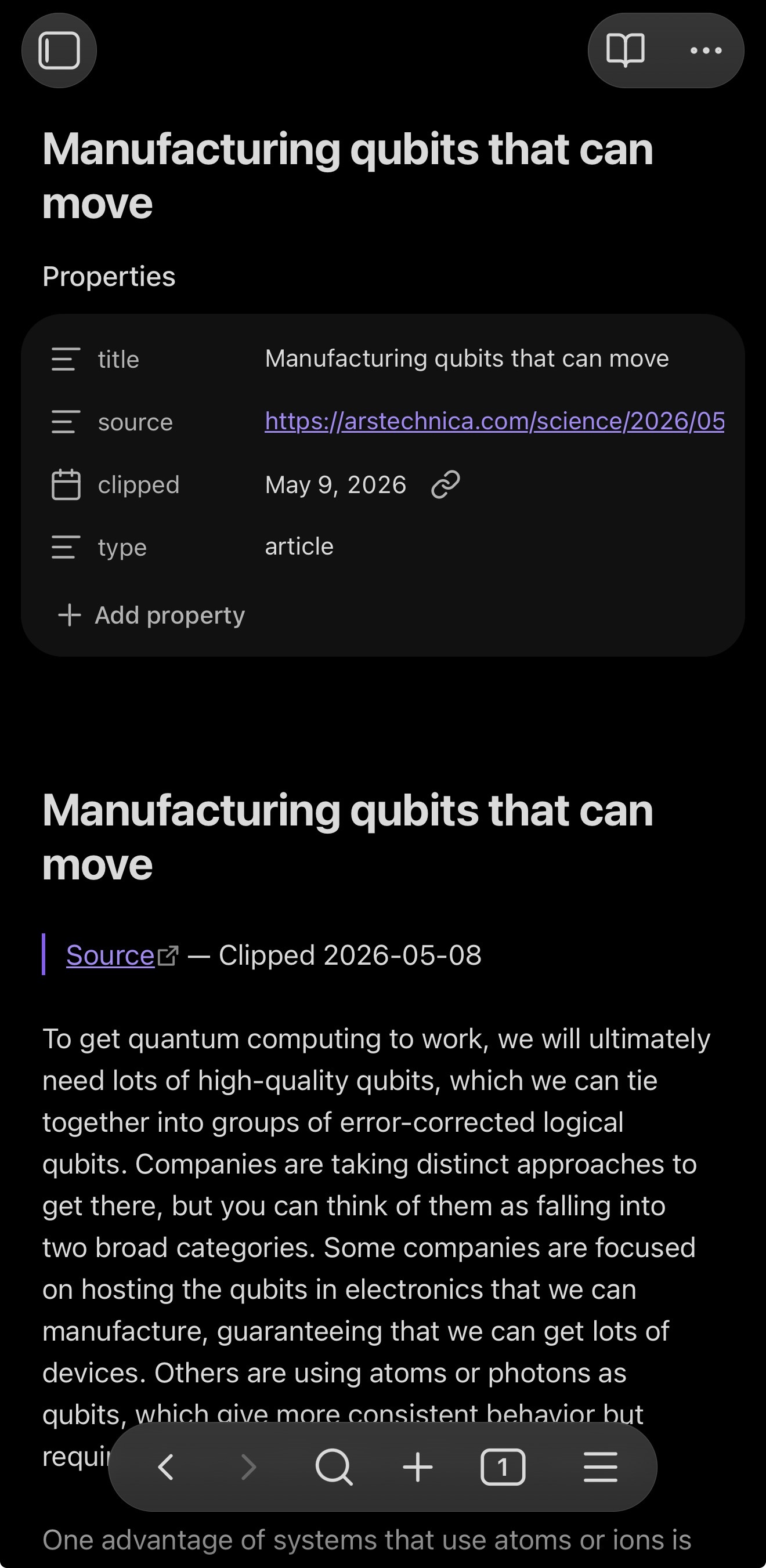 Clipped article rendered in Obsidian with YAML properties and Markdown body