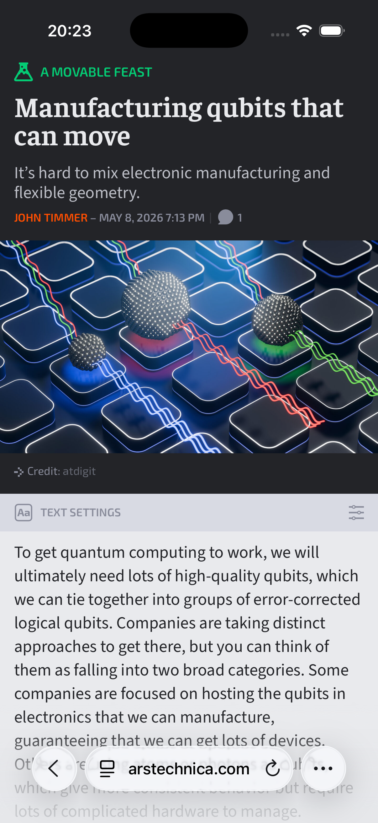Ars Technica article 'Manufacturing qubits that can move' open in Safari on iPhone