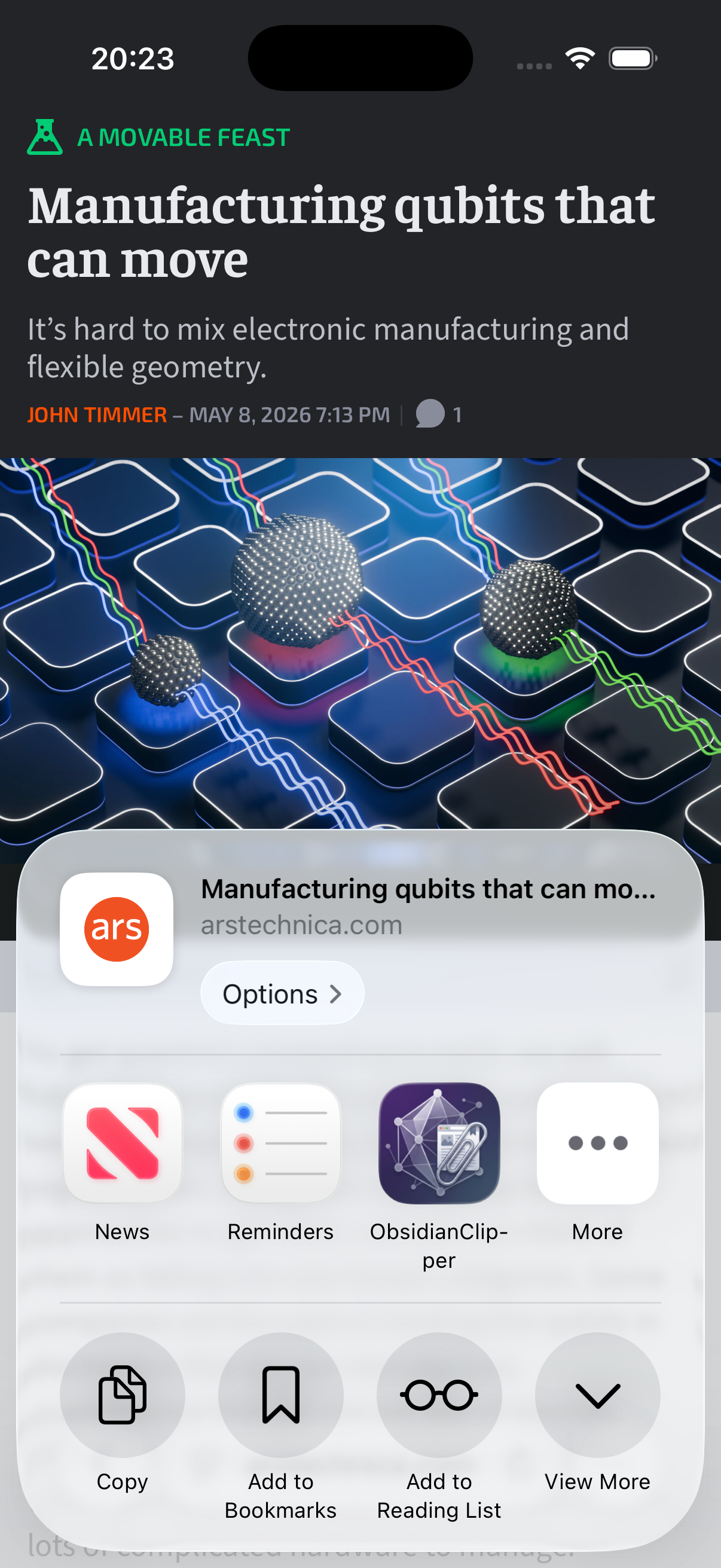 iOS Share Sheet showing ObsidianClipper as a share destination alongside News, Reminders, and More